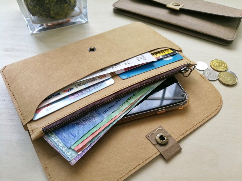 简约 双层 水洗牛皮纸 长款钱包 - 皮夹/钱包 - 纸 咖啡色