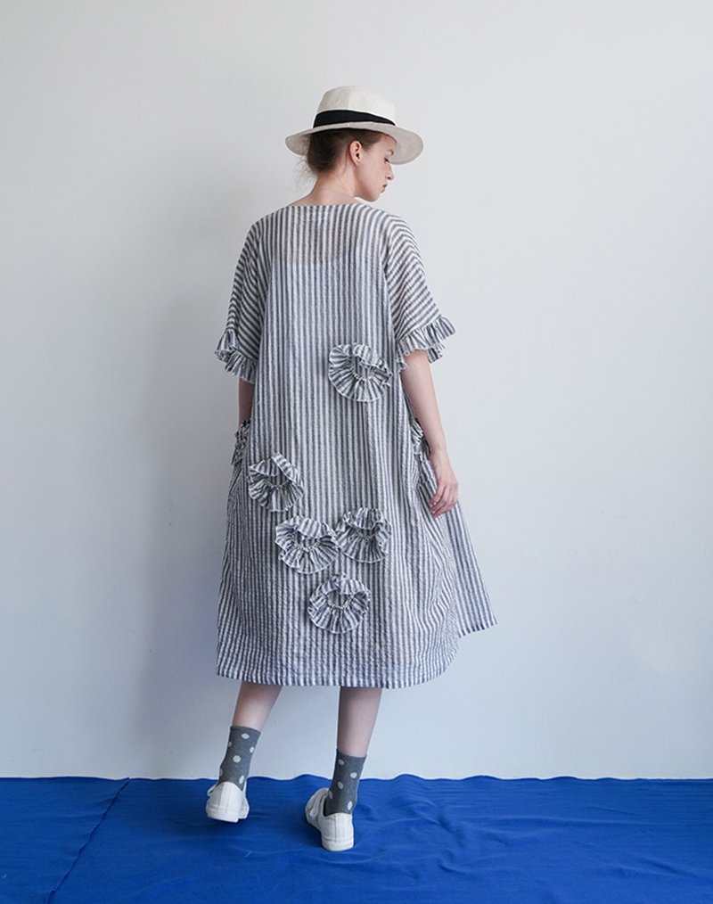 蓝白条纹长衬衫 外套 罩衫 - 洋装/连衣裙 - 棉．麻 蓝色