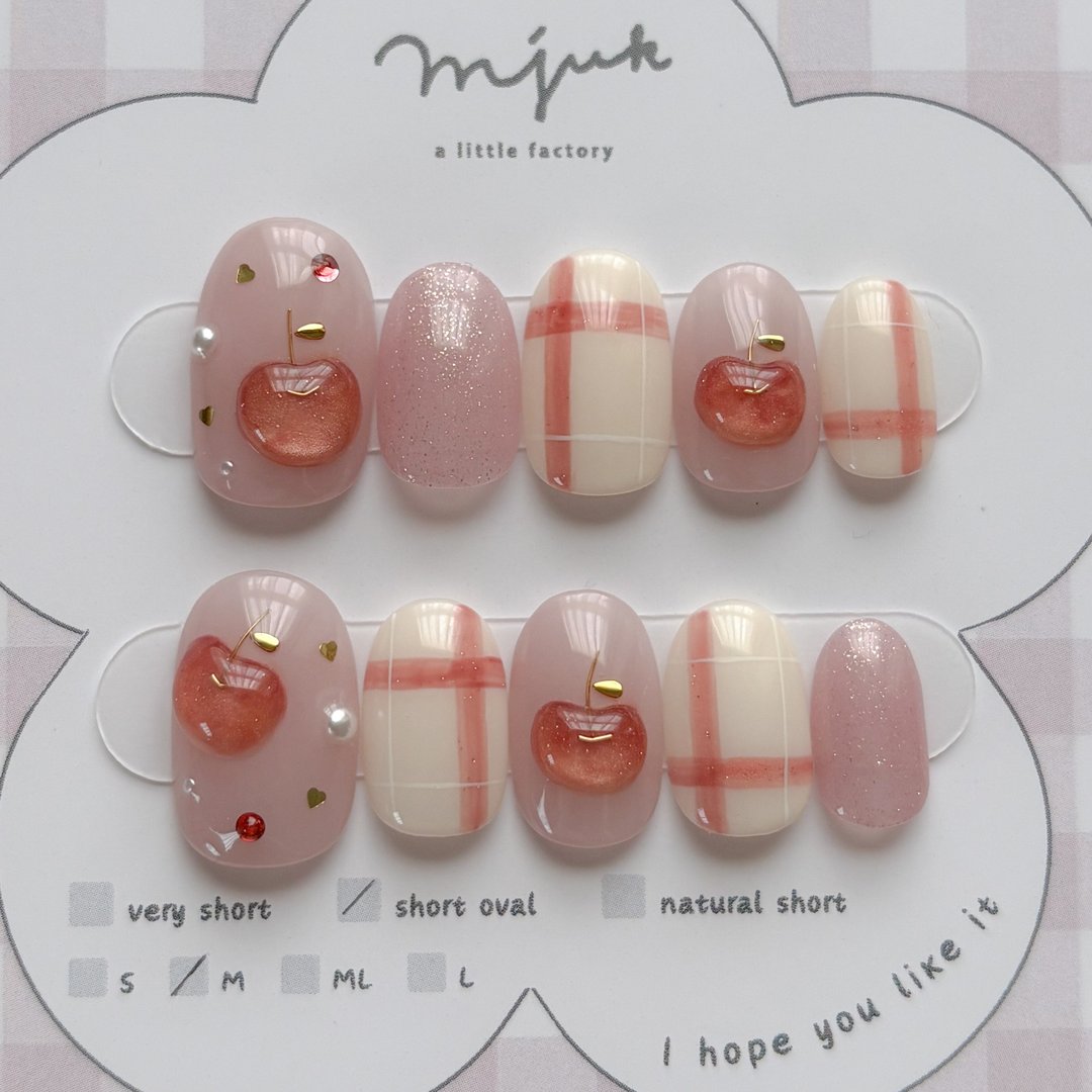 现货贩售／限量一件 short oval_M 苹果・格纹・亮粉 - 指甲油/指甲贴 - 其他材质 粉红色
