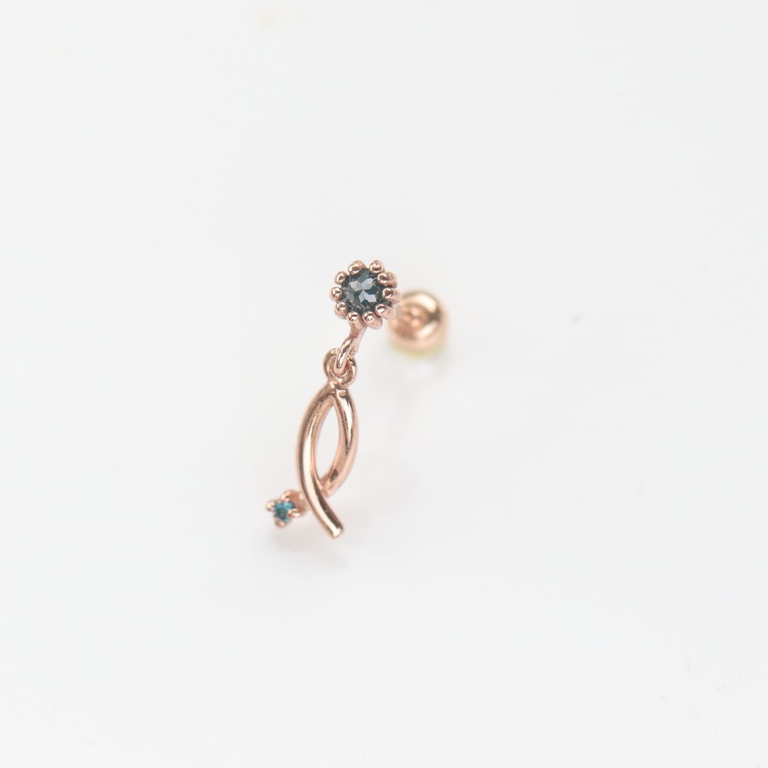 14K 蓝钻鱼造型锁珠耳环(单个)耳骨 耳窝 不退色 - 耳环/耳夹 - 贵金属 金色