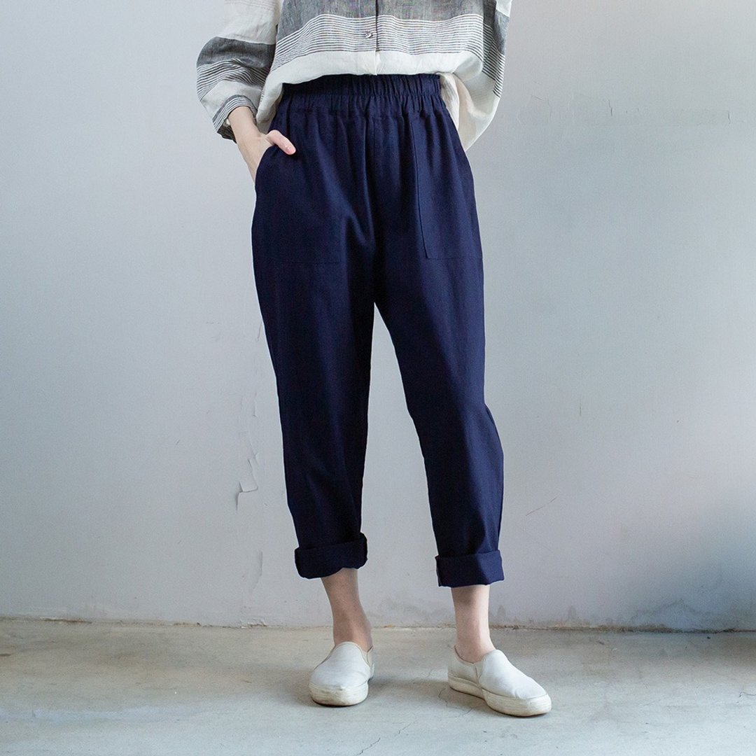 纯色松紧腰直筒裤 蓝 M L XL - 女装长裤 - 棉．麻 蓝色