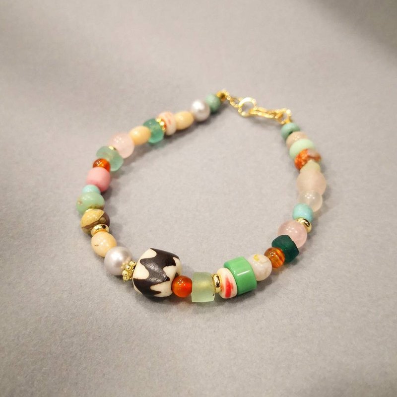 花园小径 手工串珠手链 琉璃珠 贸易珠  天然石 粉晶 珍珠 - 手链/手环 - 宝石 多色