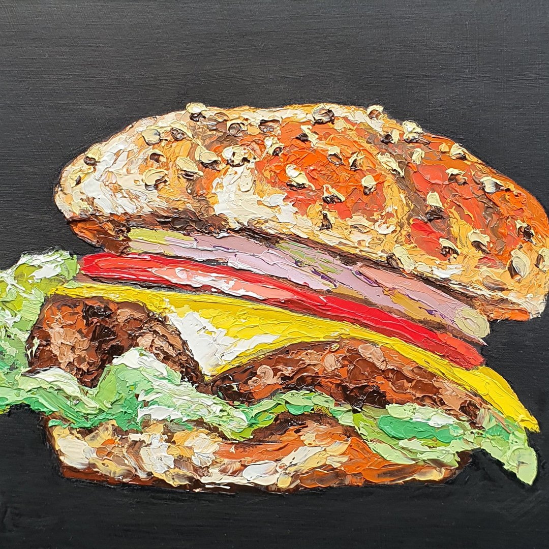 三明治画汉堡原创艺术快餐肉排包汉堡芝麻食品 - 海报/装饰画/版画 - 其他材质 黑色