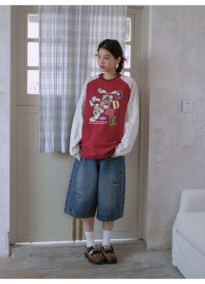 odd maker原创撞色卡通印花波点长袖T恤女春季休闲显瘦拼接上衣 - 女装 T 恤 - 棉．麻 