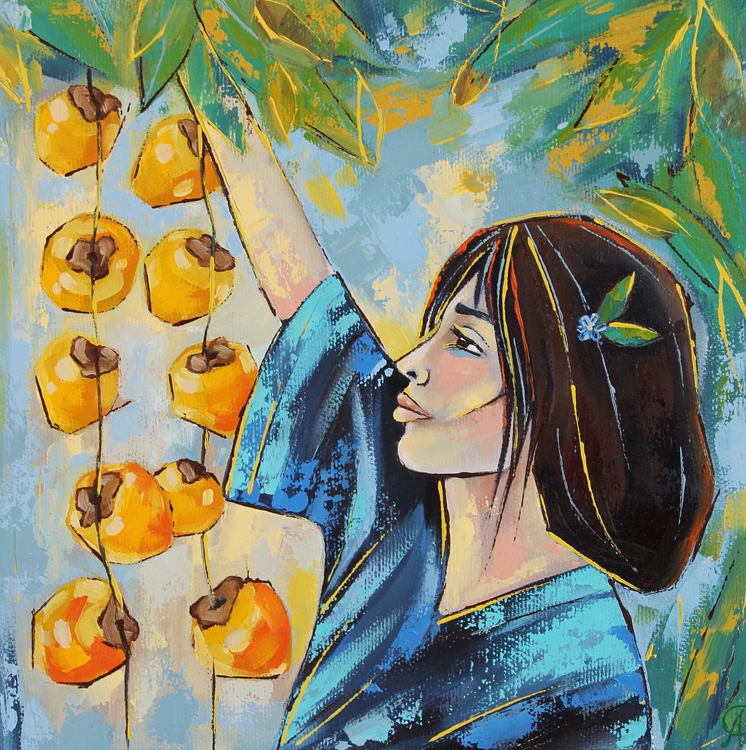 亚洲妇女画柿子 原创艺术 中国艺术品 厨房壁画 - 海报/装饰画/版画 - 其他材质 蓝色