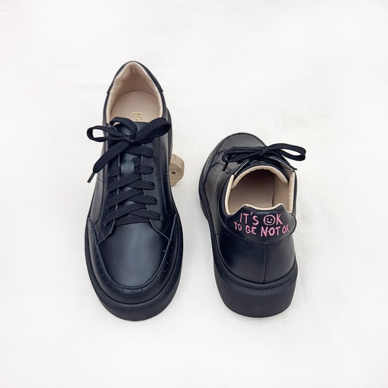 厚底加高!365天舒适防水休闲鞋 黑粉 真皮 黑鞋 MIT -黑糖莓果 - 雨鞋/雨靴 - 真皮 黑色