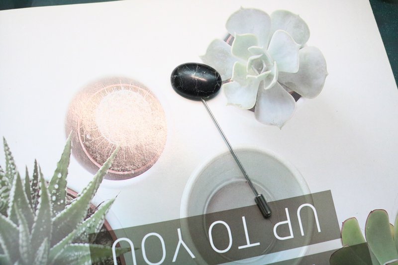 黑色裂紋天然石胸針胸花一字針插針 - 胸针 - 半宝石 黑色