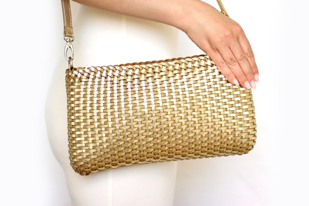 Leather bag, golden bag, womens golden bag, golden crossbody, golden braided bag - 手提包/手提袋 - 真皮 金色