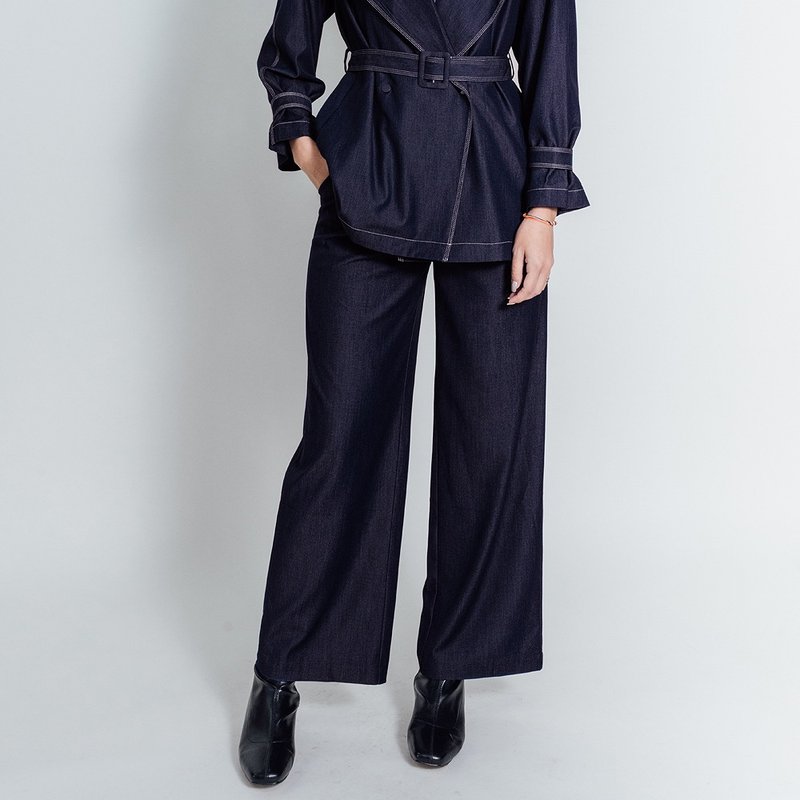 AVVJOY | 丝光蓝修身直筒裤高腰全长宽松牛仔蓝色 - 女装长裤 - 其他材质 