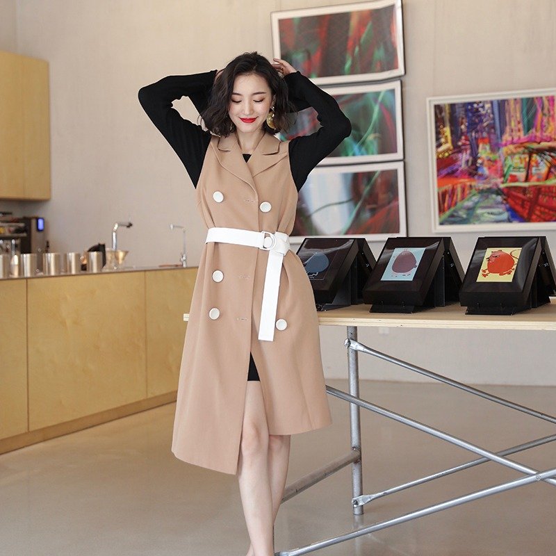 长版西装背心/大衣/风衣外套-咖啡 - 女装西装外套/风衣 - 聚酯纤维 咖啡色