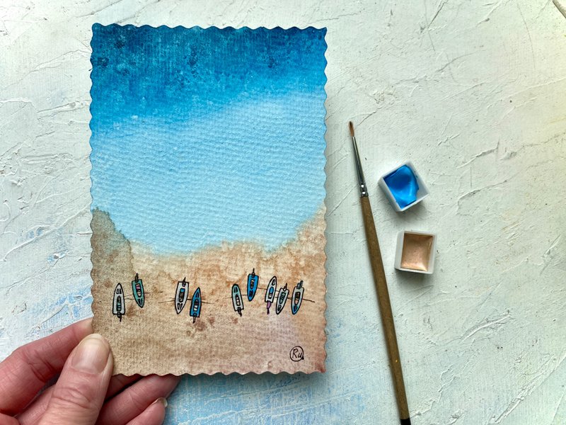 Surfing painting Sea Original art Boats watercolor Small artwork Mini wall art - 海报/装饰画/版画 - 纸 蓝色