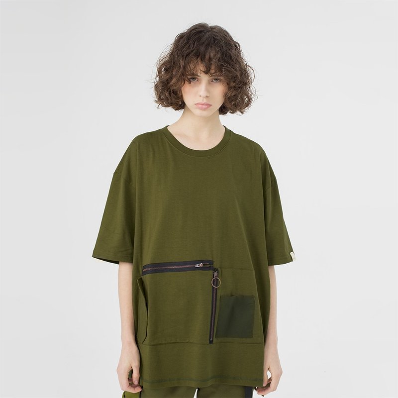 HeavyIndustry PocketTee橄榄绿工业感拉链口袋山系工装T恤 - 男装上衣/T 恤 - 棉．麻 