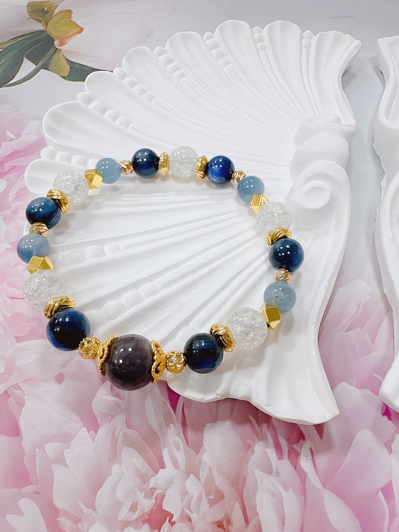 血滴堇青石 蓝晶石 白爆晶 海蓝宝  14k 18k 设计款 - 手链/手环 - 水晶 蓝色