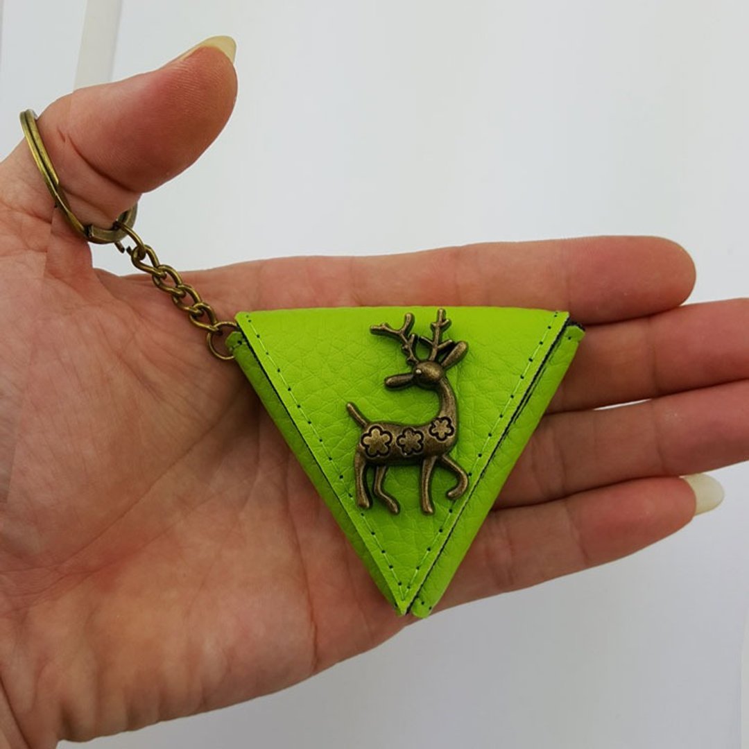梅花鹿 三角形零钱包袋,吉他pick袋 钥匙扣 包挂饰 小礼物 可印名字 - 零钱包 - 真皮 绿色
