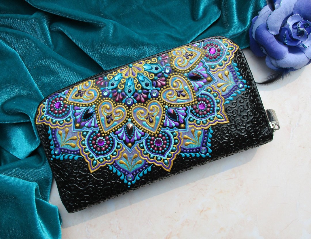 Large leather wallet, Clutch wallet, Wallet lady, Credit card case, Mandala - 皮夹/钱包 - 真皮 多色