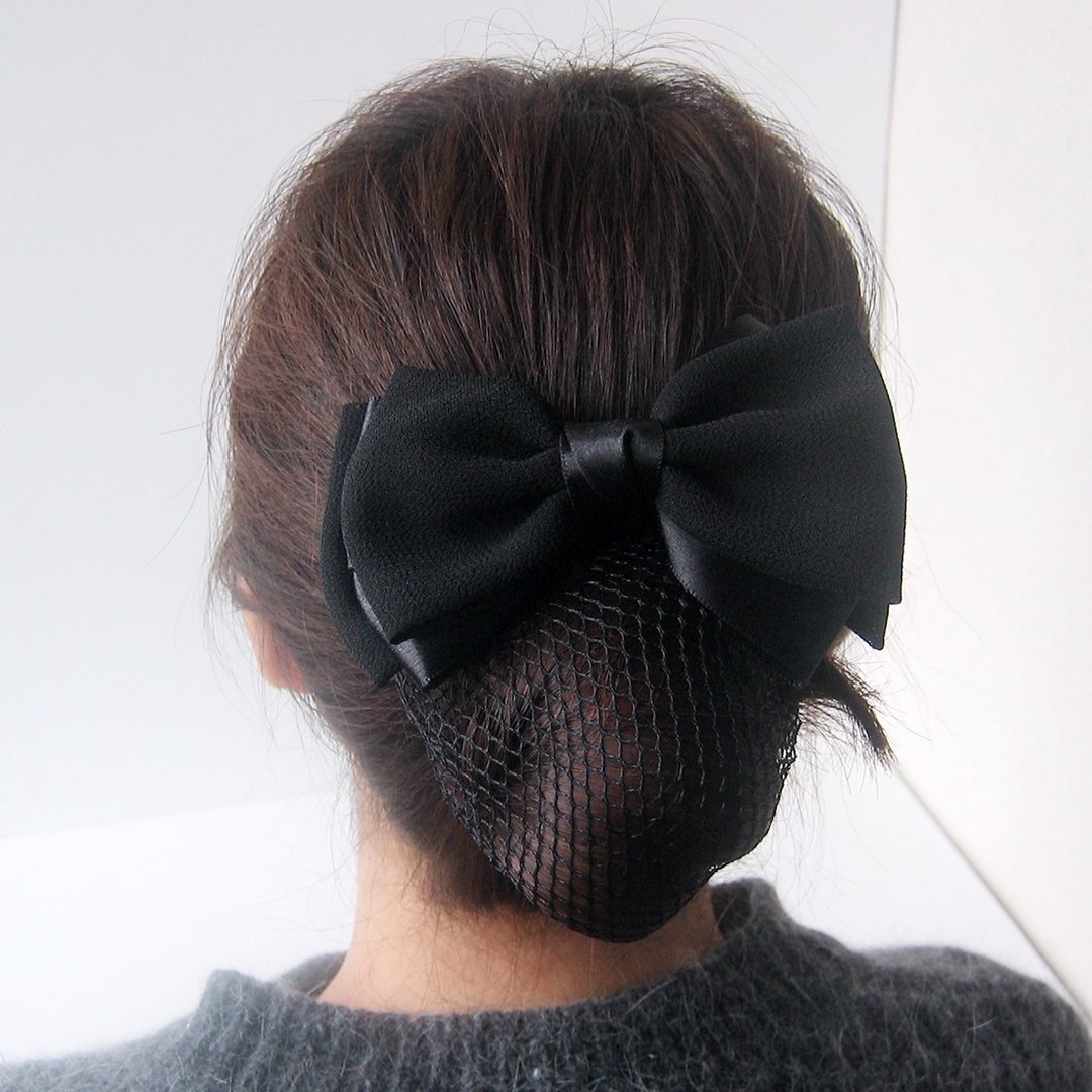 Black Chiffon Ribbon Bow black  Hair Bun Net  Cover Barrette - 发饰 - 其他材质 黑色