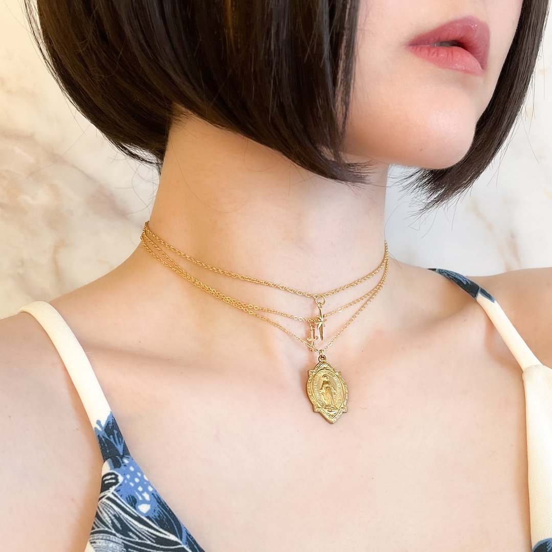 奖章和小祈祷/奖章和十字架三重choker SV179 - 项链 - 其他金属 金色