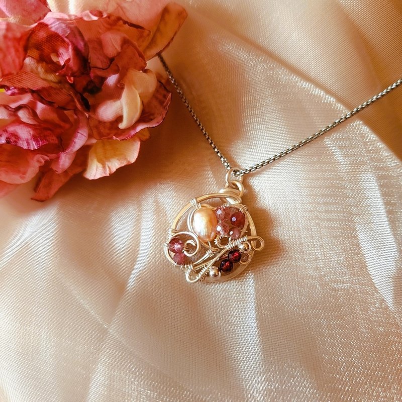 慕蝶-石榴石 草莓晶 珍珠 浪漫永恒 金属线编织项链 - 项链 - 半宝石 粉红色
