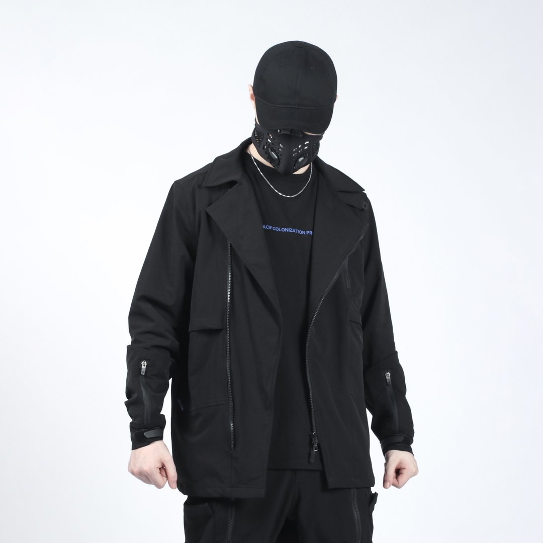 机能西装国潮外套 男休闲工装宽松西服 战术变形机车夹克 - 男装外套 - 聚酯纤维 黑色