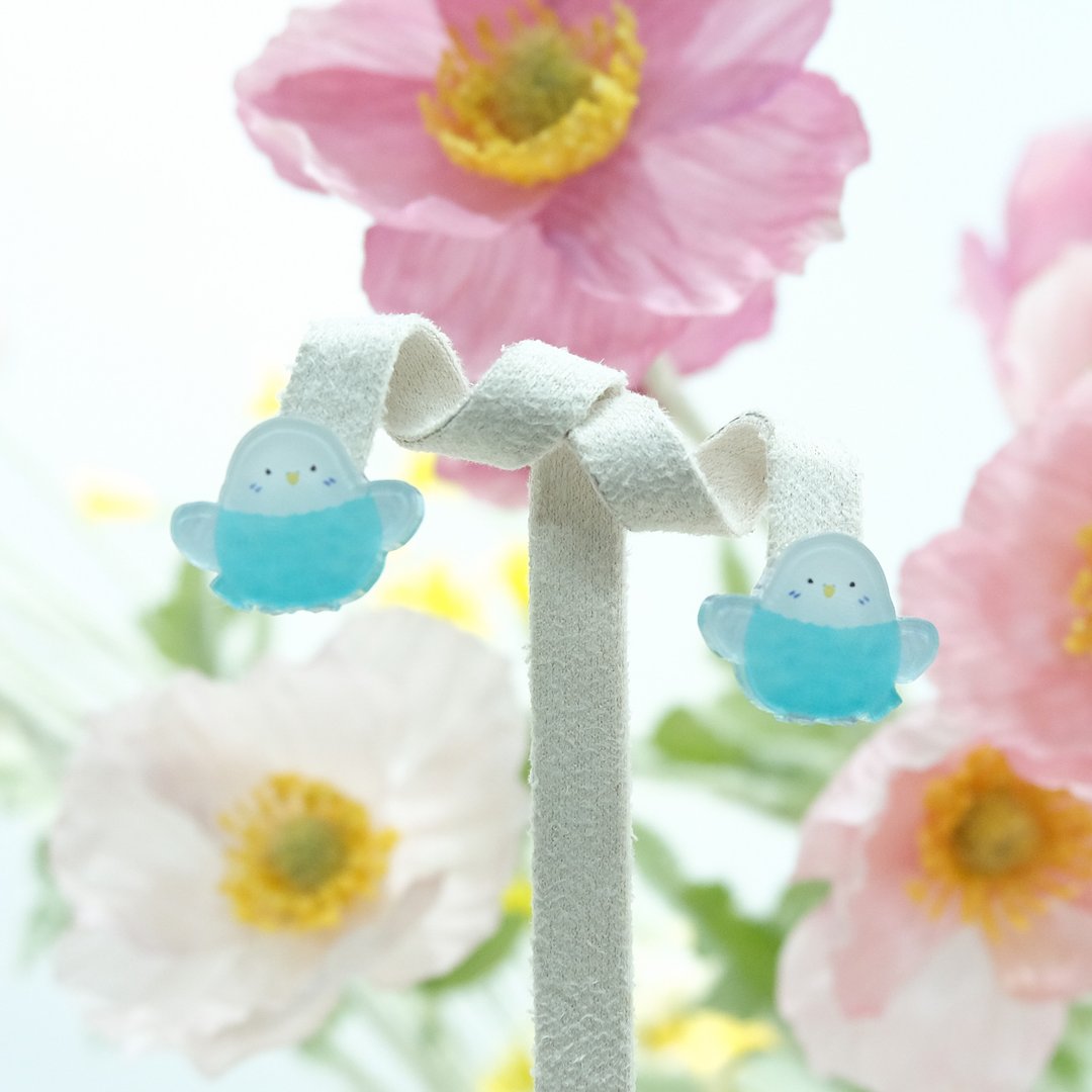 蓝虎皮鹦鹉耳环 虎皮鹦鹉 S925银针 免邮费可转耳夹 S925纯银耳环 - 耳环/耳夹 - 纯银 