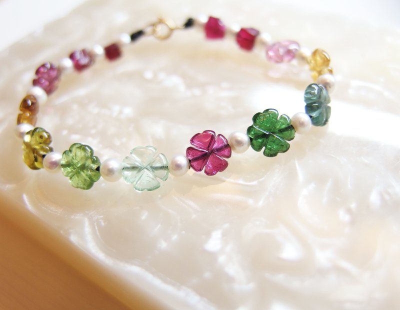 晶晶工坊*Love2hm 【小幸运】18k真金彩虹糖果碧玺珍珠四叶幸运草 - 手链/手环 - 宝石 多色