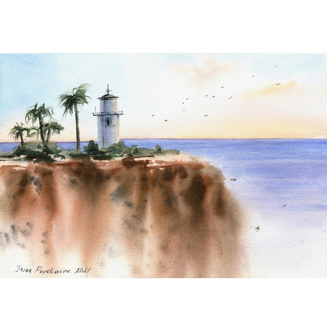 Lighthouse sunset  海景  original watercolor  墙面装饰  painting with sea 画水彩画  手工工作 - 墙贴/壁贴 - 纸 多色