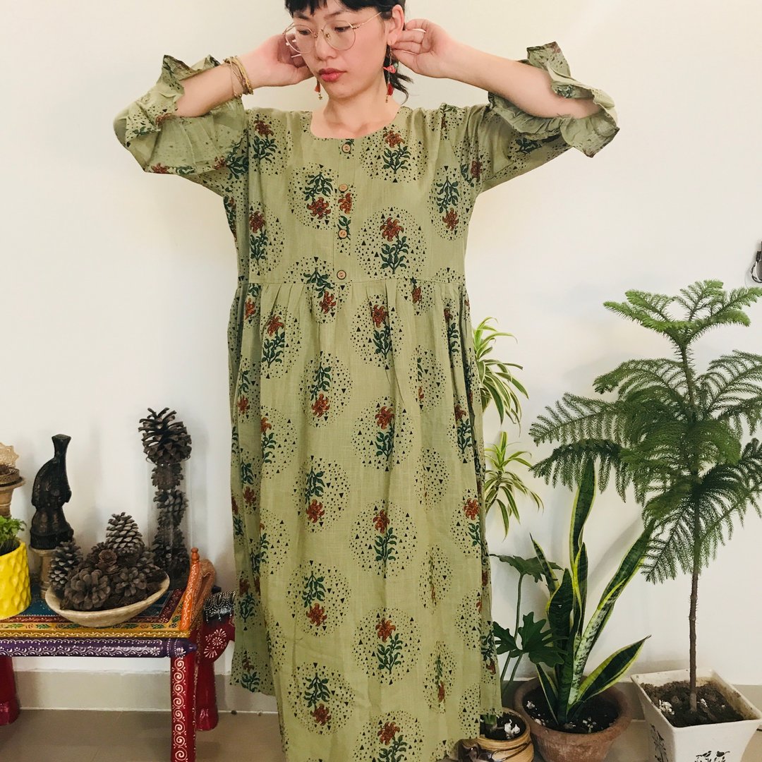 民俗风印花长洋装－精灵 - 洋装/连衣裙 - 棉 绿色