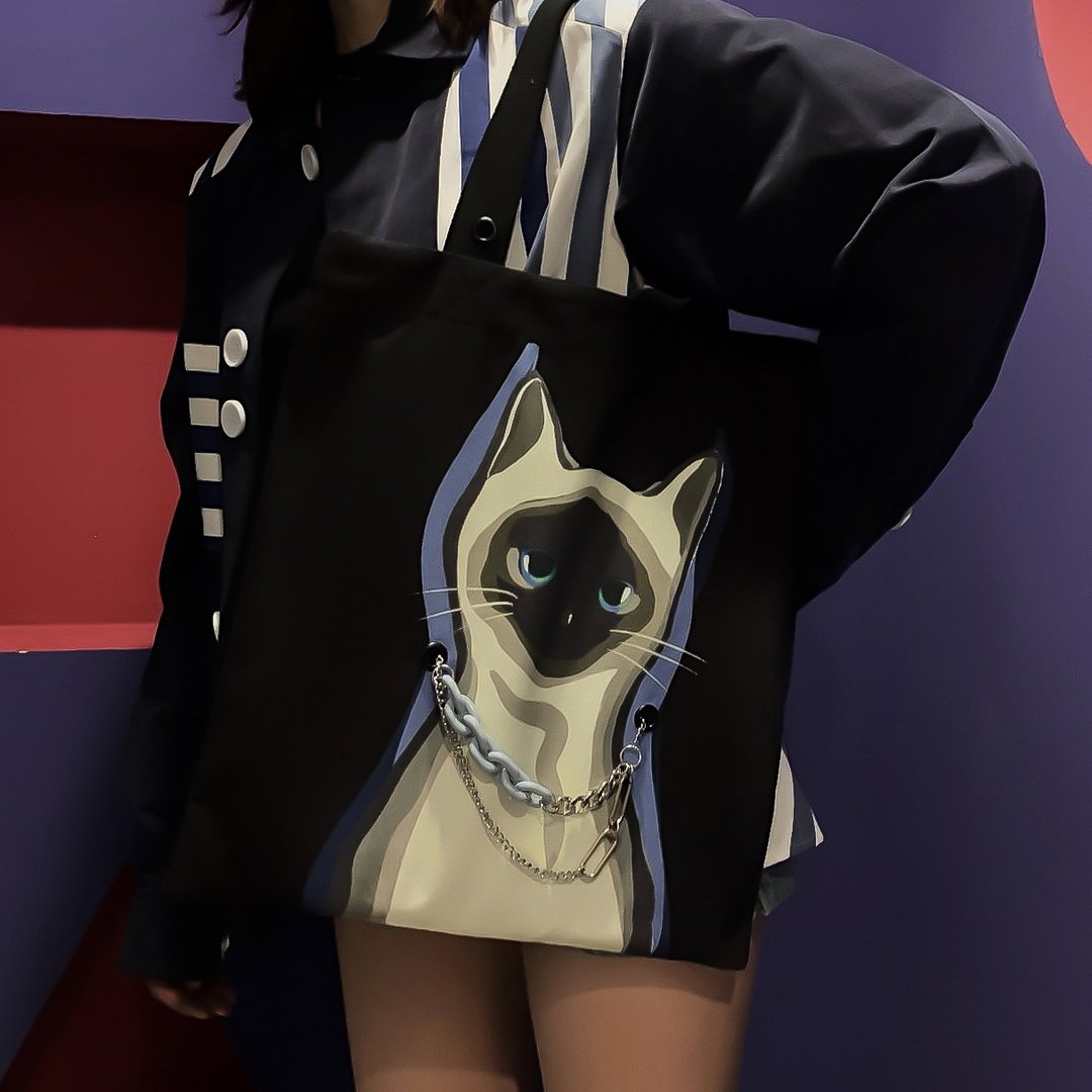 猫咪双面插画帆布包黑色-暹罗猫(包链项链两用) - 手提包/手提袋 - 聚酯纤维 黑色