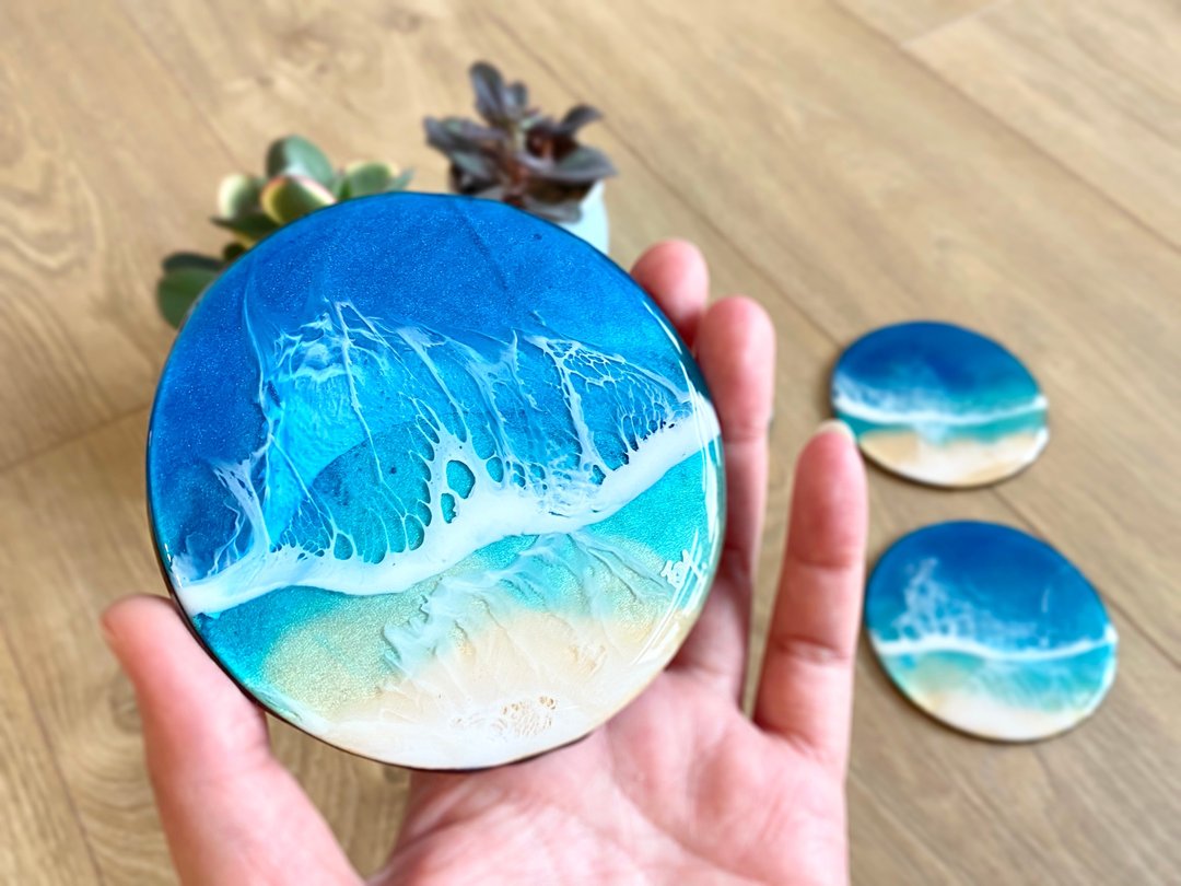 Handmade Aqua Ocean Coaster, Wedding Gift, Home Gift, Functional Art - 杯垫 - 木头 蓝色