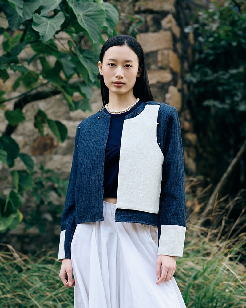 深蓝色中式门襟长袖双层绵麻外套 - 女装休闲/机能外套 - 棉．麻 蓝色