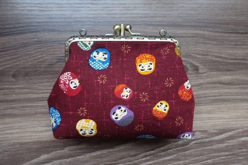 秋千手匠 双层三折达摩口金包 日式 可爱 可斜跨 可手提包 - 零钱包 - 棉．麻 红色