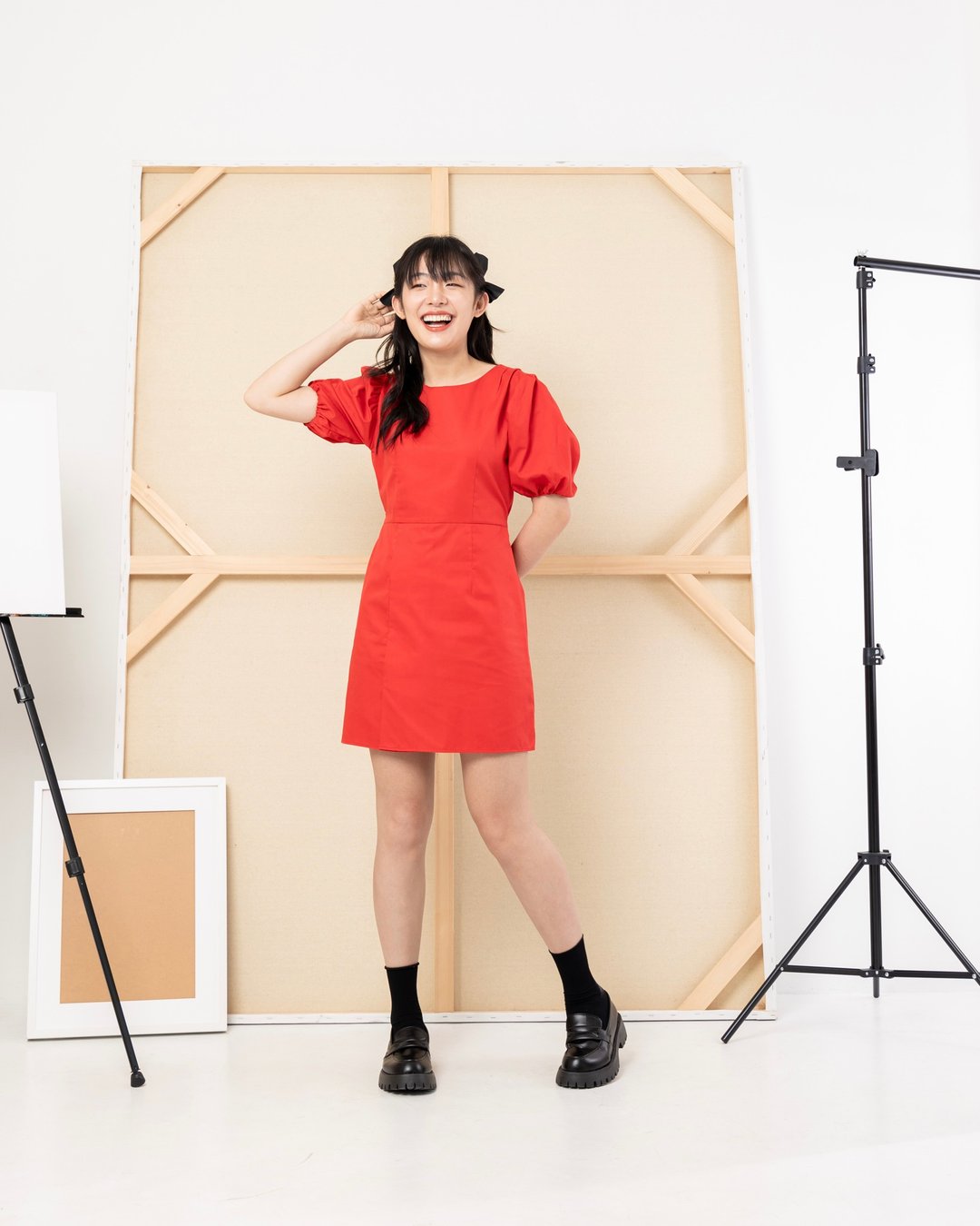 ANGEL PUFF SLEEVE DRESS WITH BACK BOW TIE - 洋装/连衣裙 - 棉 红色