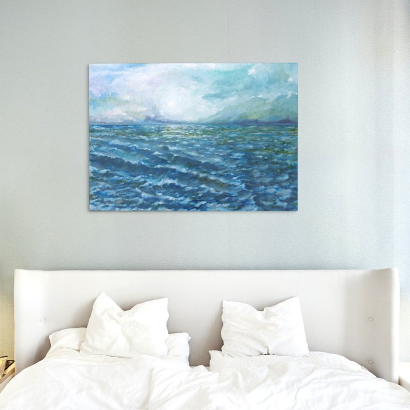 Seascape Original Art Oil Painting Wall Decor With Seascape Night Sea Moonlight - 海报/装饰画/版画 - 其他材质 蓝色