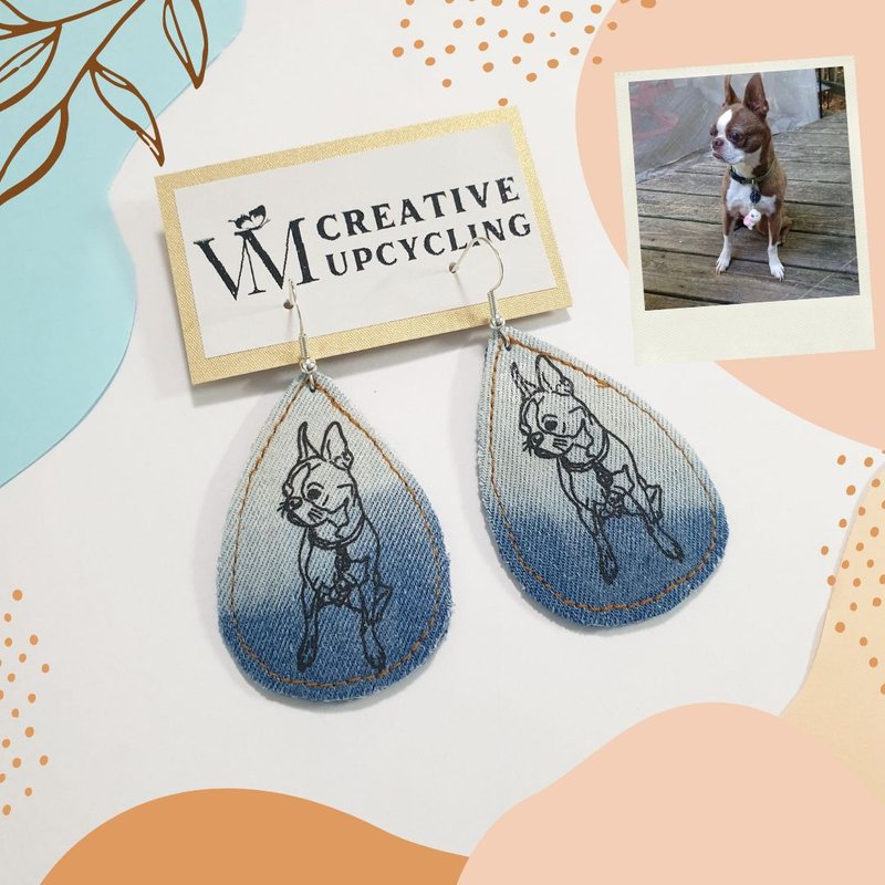 Personalized Photo Recycle Denim Earrings Pets Dogs Lover Birthday Gift - 耳环/耳夹 - 其他金属 蓝色