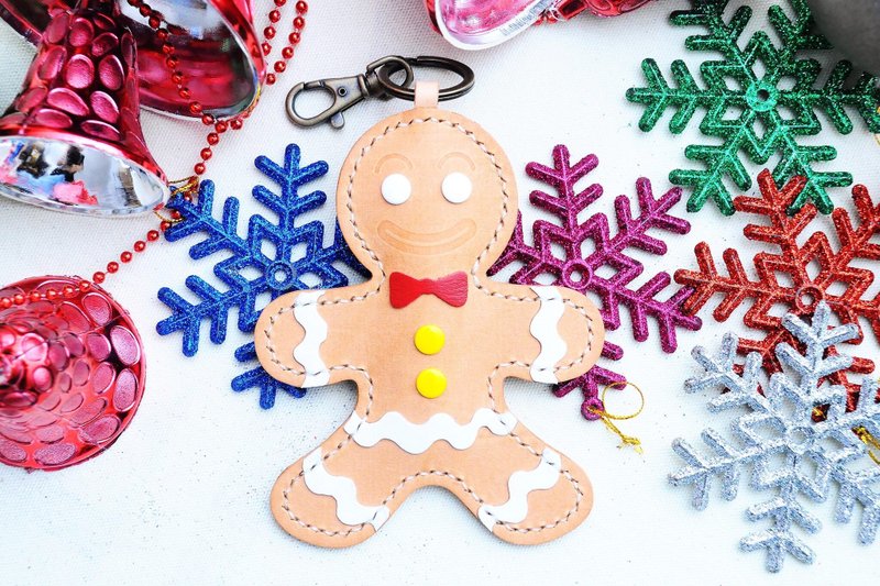 【姜饼人钥匙圈】好好缝 皮革材料包 免费刻字 手工包 情侣礼物 锁匙包 钥匙包 钥匙圈 收纳 简约实用 意大利皮 植鞣革 皮革DIY 伴侣 真皮 牛皮 圣诞礼物 - 钥匙链/钥匙包 - 真皮 咖啡色