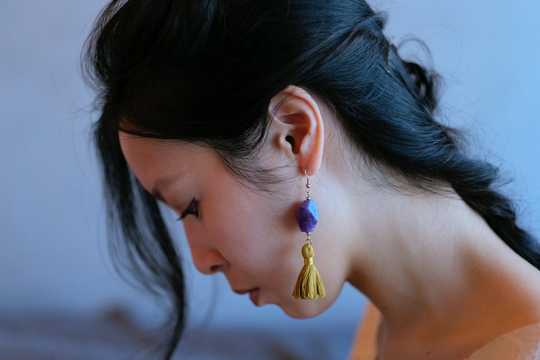 Amethyst tassel earrings / Purple gemstone earrings - 耳环/耳夹 - 宝石 紫色