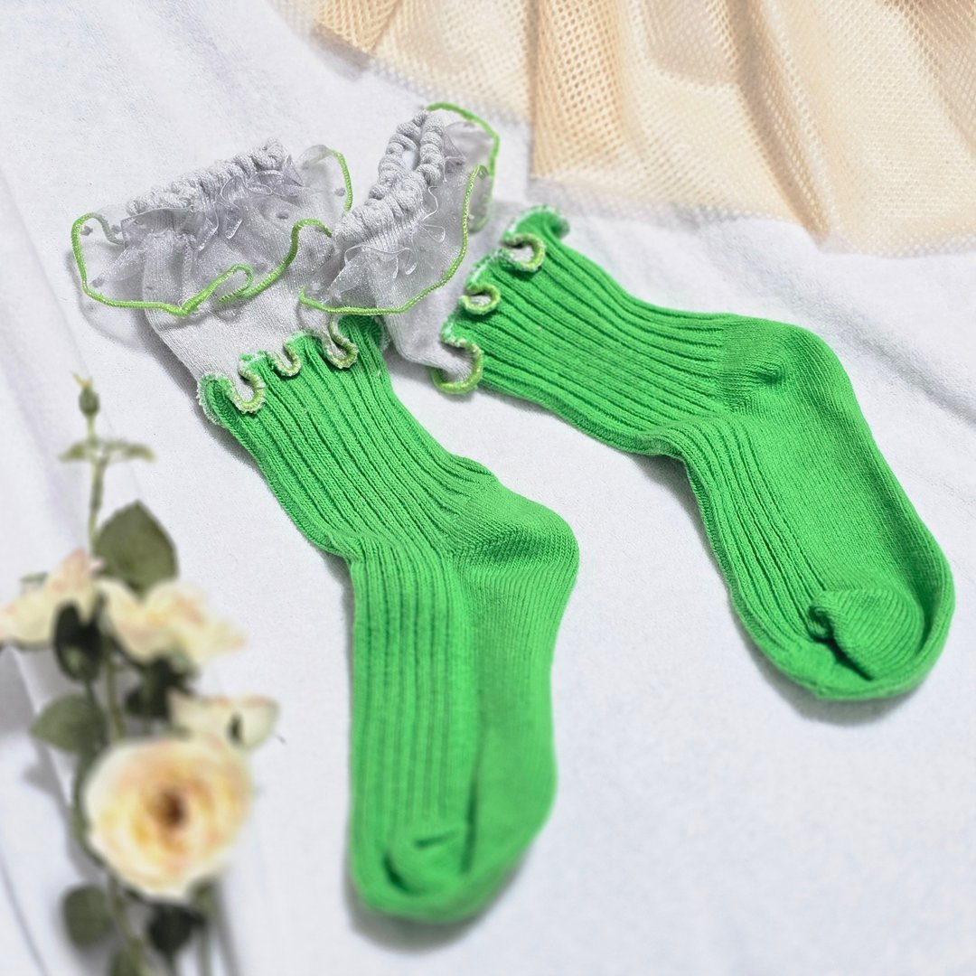 霓虹绿 x 银色 彩色荷叶边袜子 抢眼袜子 个性袜 15-18cm 儿童袜 socks - 袜子 - 其他材质 绿色