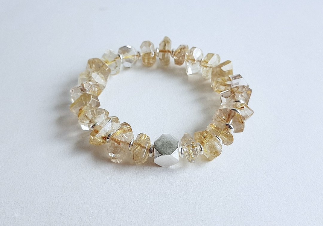 宝石系 点金 天然矿石 钛晶 925纯银手链 - 手链/手环 - 宝石 金色