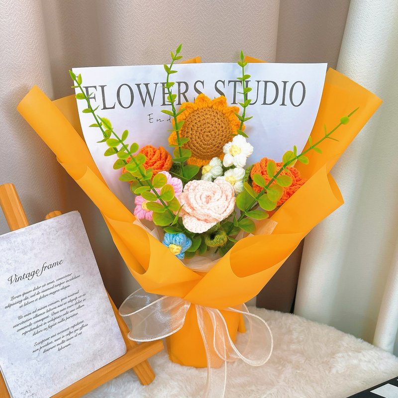 情人节礼盒  定制化礼物2025手工编织的玫瑰、向日葵和泡芙 - 干燥花/捧花 - 棉．麻 黄色
