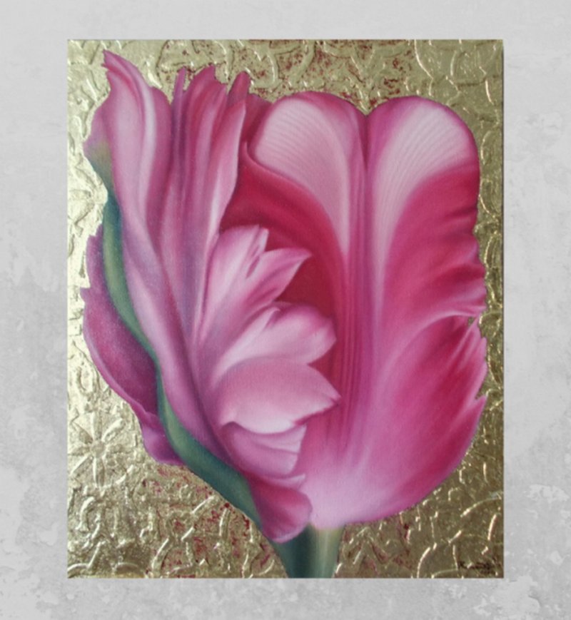 金叶背景上逼真的粉红色郁金香花油画植物墙艺术女性礼物 - 墙贴/壁贴 - 其他材质 多色