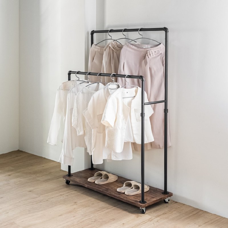 工业风双杆吊衣架 挂衣架_水管造型 木板置物 滑轮设计 - 衣架/挂勾 - 其他金属 黑色