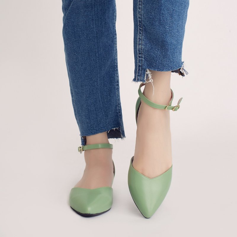 优雅日常鞋!倒V字显瘦足踝系带鞋 奶油青草 全真皮 MIT - 其他女款皮鞋 - 其他材质 绿色