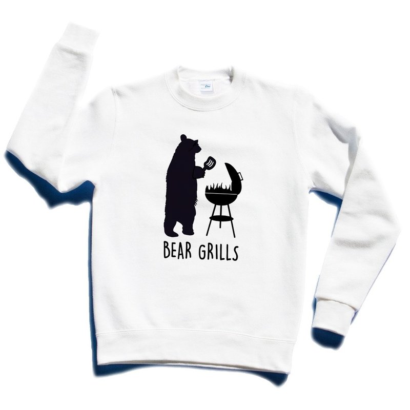 熊熊烤肉 现货 大学T 中性版 刷毛 白色 露营 动物 趣味 野外 bear 滑雪 美国棉 - 女装上衣 - 羊毛 白色