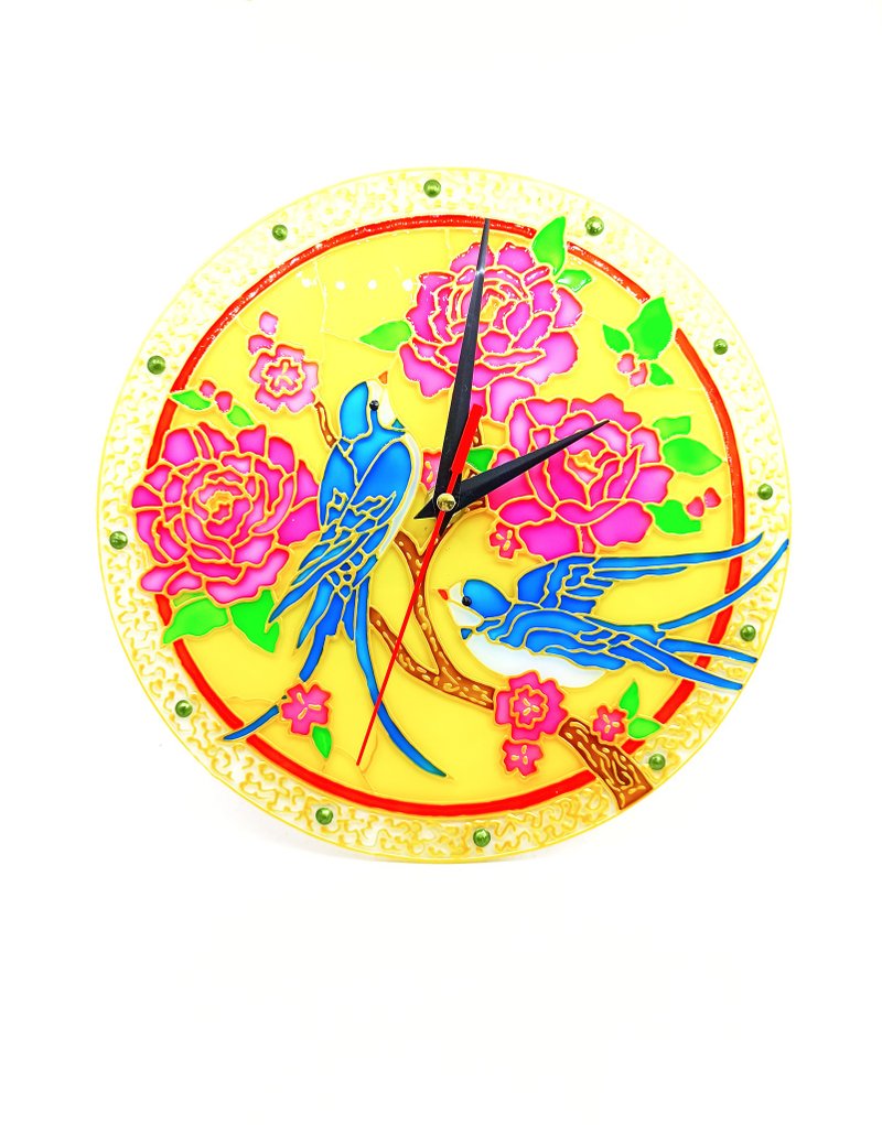 玻璃手绘挂钟燕子艺术结婚纪念日礼物的夫妇 - 时钟/闹钟 - 玻璃 黄色