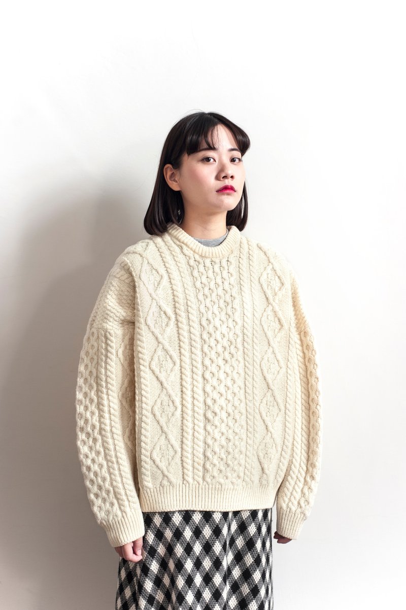 Vintage 米白织纹古着毛衣 - 男装针织衫/毛衣 - 羊毛 白色