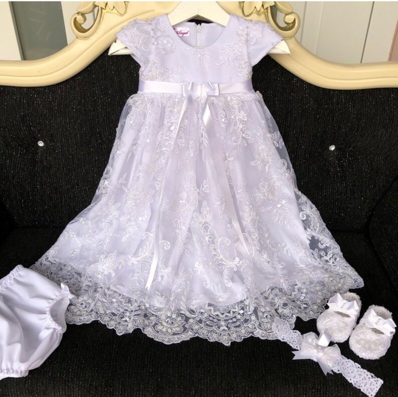 White dress with lace, pearls and sparkles, headband, panties and shoes for girl - 童装礼服/连衣裙 - 其他材质 白色