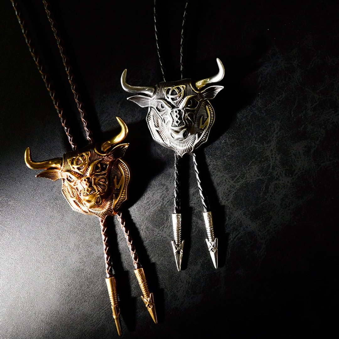 十二生肖 牛转干坤 牛年 保罗领带 Bolo Tie 真皮皮革领绳 长项链 - 领带/领带夹 - 真皮 银色