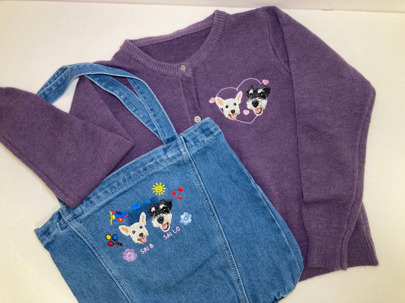 菁绣 特色刺绣款 定制化订造实用像真度高宠物刺绣牛仔布袋 - 手提包/手提袋 - 绣线 蓝色