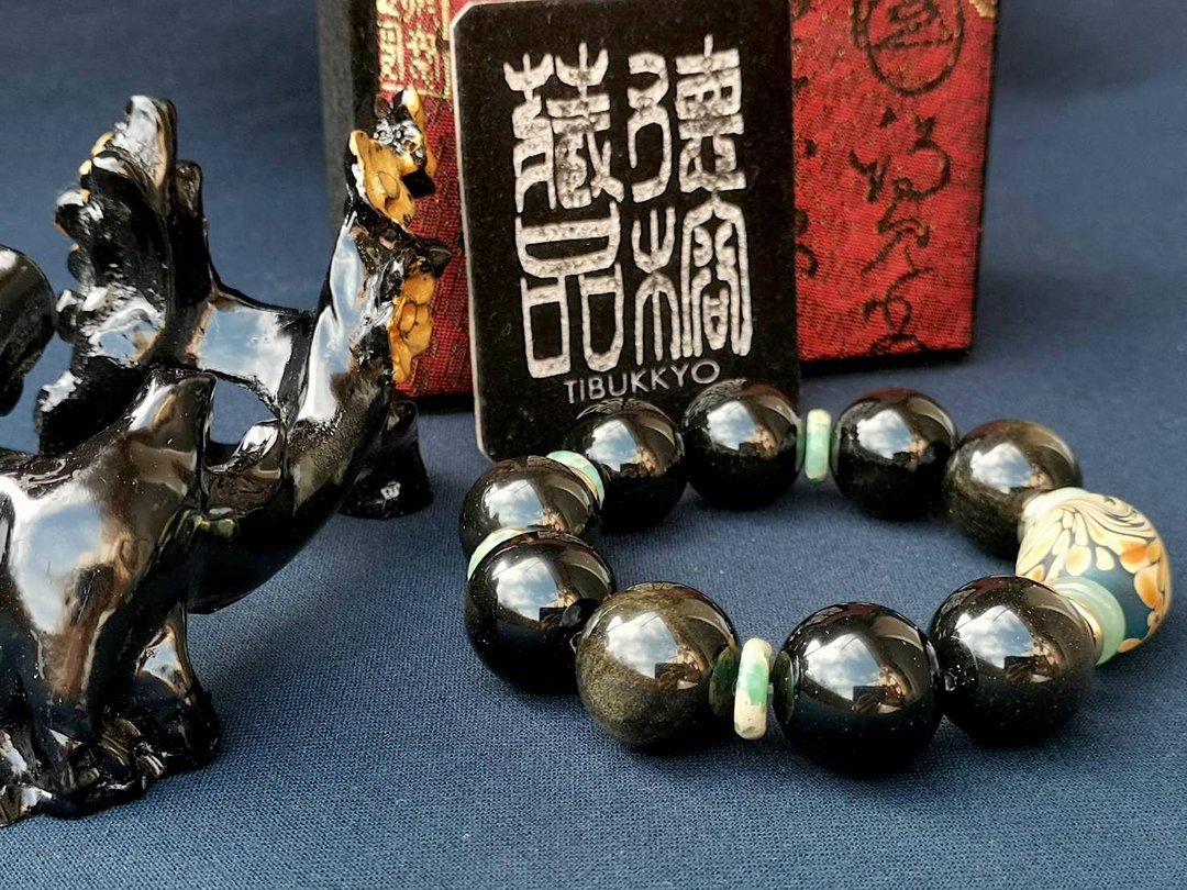 原矿金曜石 14mm 黑曜石定制化串珠设计 手创工艺品手链手环 饰品 - 手链/手环 - 宝石 