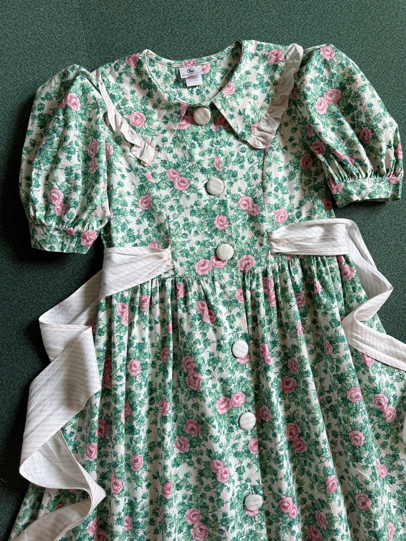 绿枝粉蔷薇花墙 彼得潘翻领滚边娃娃裙 大童vintage size10 - 洋装/连衣裙 - 棉．麻 